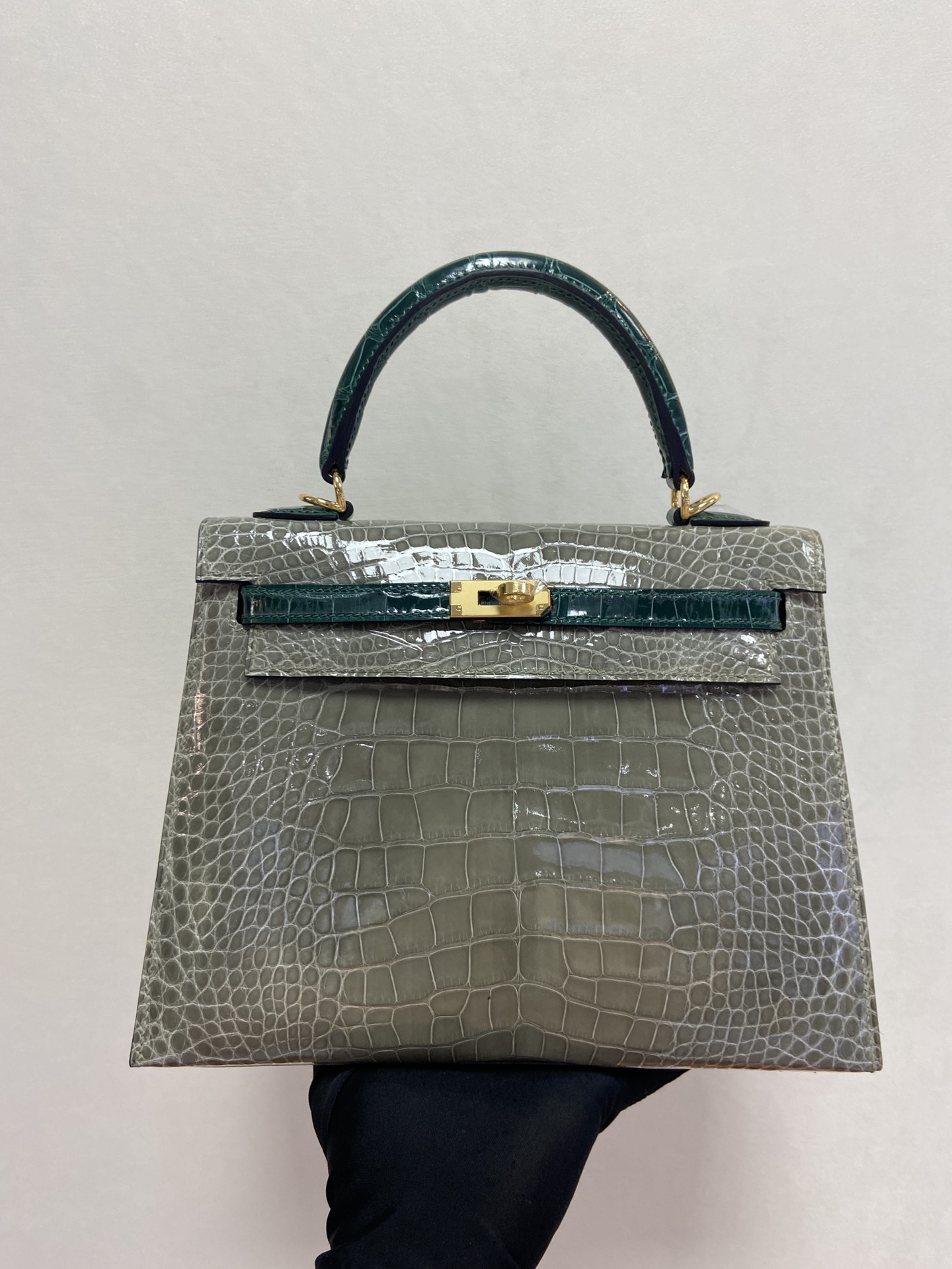 Hermes Kelly 25cm Handbag Shoulder Bag In Grey Dark Blue Shiny Crocodile Niloticus Leather